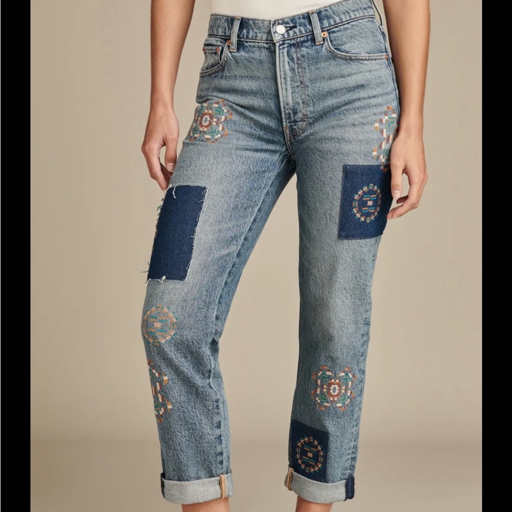Lucky Brand Legend Mid Rise Boy Relaxed Straight Jeans Patchwork & Embroidered